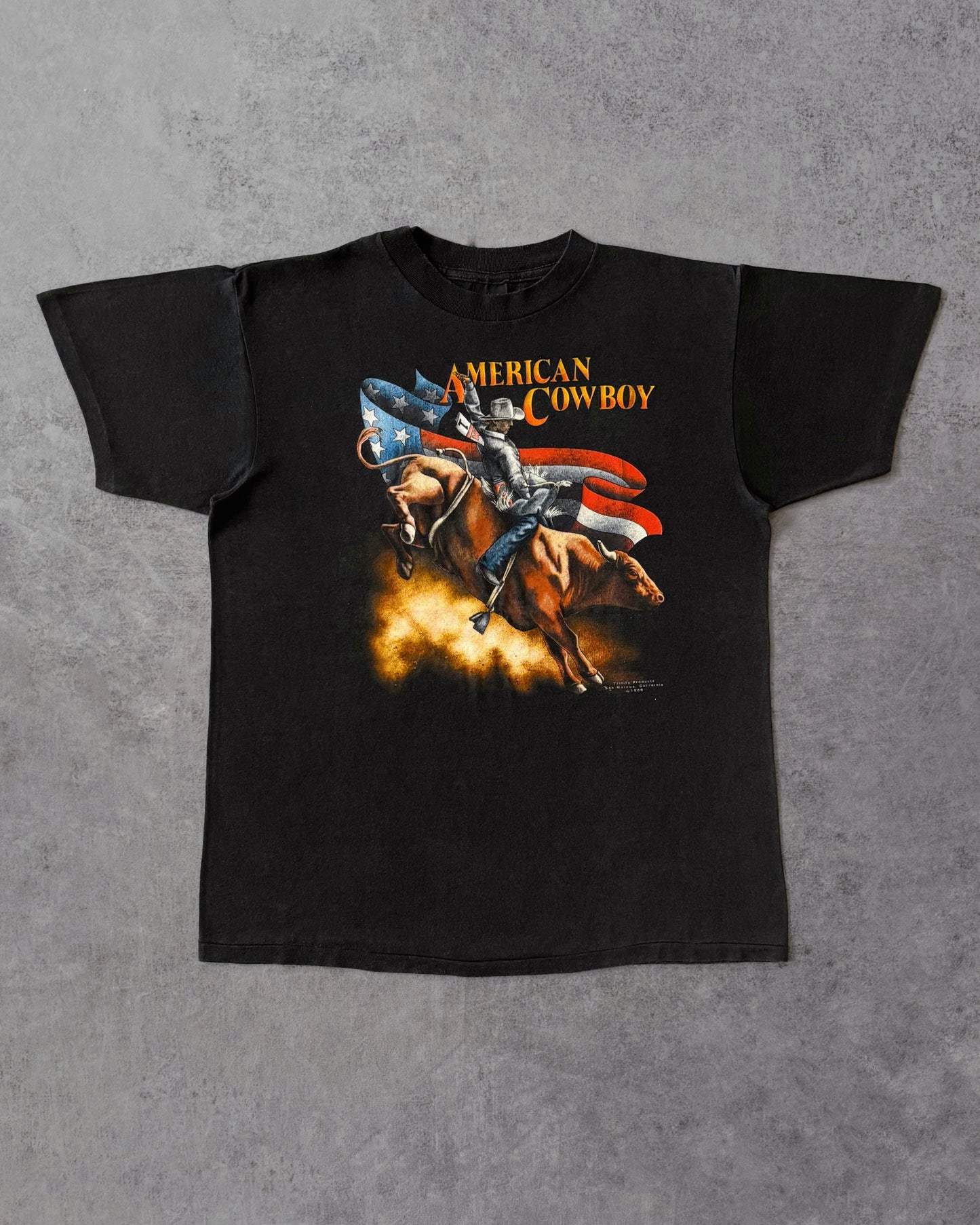 Vintage 1989 American Cowboy T-Shirt – 3D Emblem – Made in USA – Halftone Western Graphic