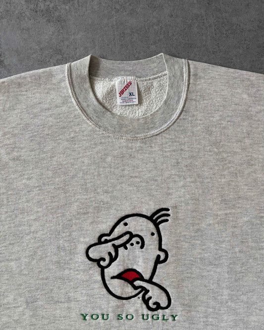 Vintage 1980s “You So Ugly” Embroidered Crewneck – Jerzees – Made in USA – Cartoon Graphic