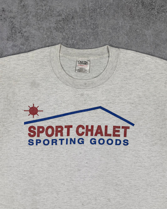 Vintage Distressed 1990s Oneita Sport Chalet Sporting Goods T-Shirt - USA Made Single Stitch - Heather Grey