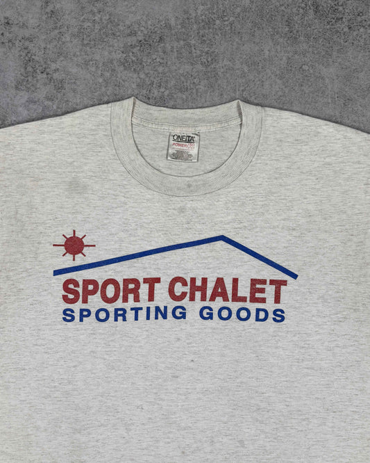 Vintage Distressed 1990s Oneita Sport Chalet Sporting Goods T-Shirt - USA Made Single Stitch - Heather Grey