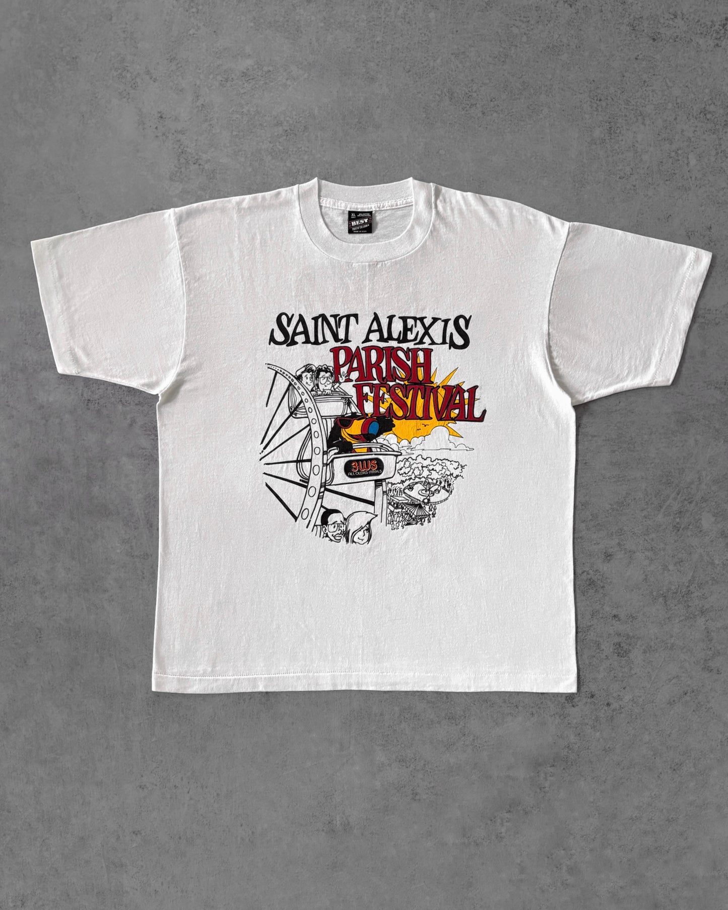 Vintage 90s Saint Alexis Parish Festival Tee – Cartoon Ride Graphic – FOTL Tag– Made in USA