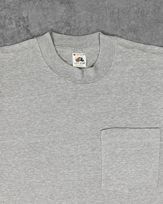 Vintage 1980s Fruit of the Loom Grey Pocket T-Shirt Made in USA Single Stitch