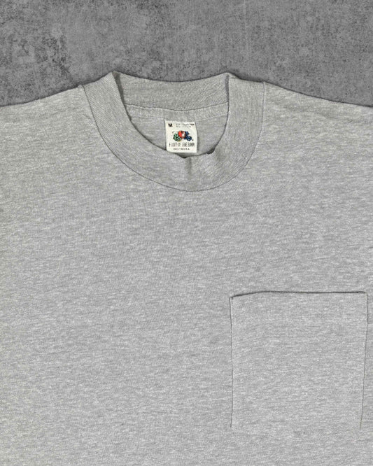 Vintage 1980s Fruit of the Loom Grey Pocket T-Shirt Made in USA Single Stitch