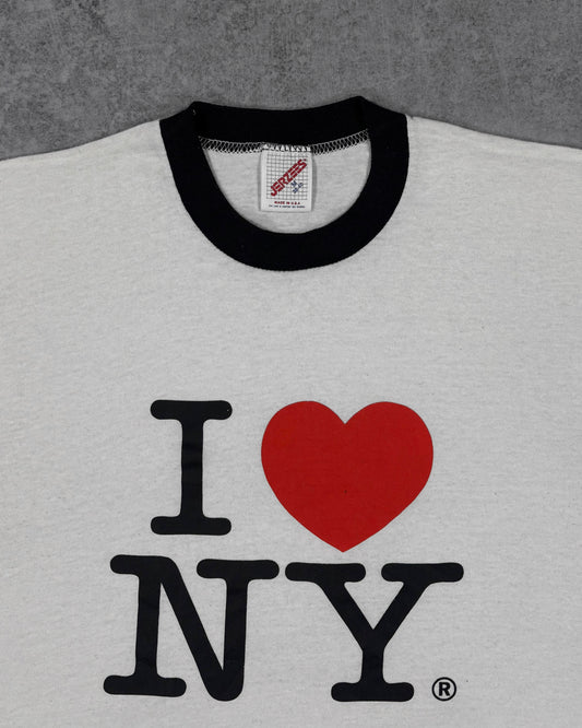 I Love NY graphic print detail in black and red on vintage ringer t-shirt