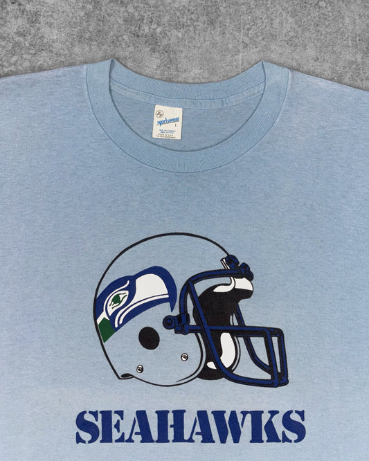 Vintage 1980s Seattle Seahawks T-shirt – helmet graphic and navy stencil lettering print detail