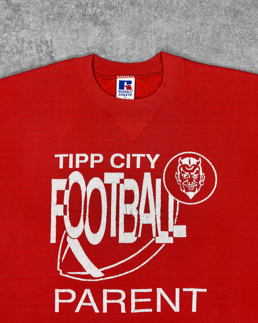 Vintage 1990s Russell Athletic Tipp City Football sweatshirt – print detail of white Red Devils mascot and PARENT lettering