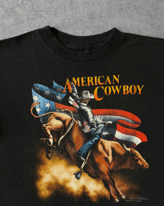 Vintage 1989 American Cowboy T-Shirt – 3D Emblem – Made in USA – Halftone Western Graphic