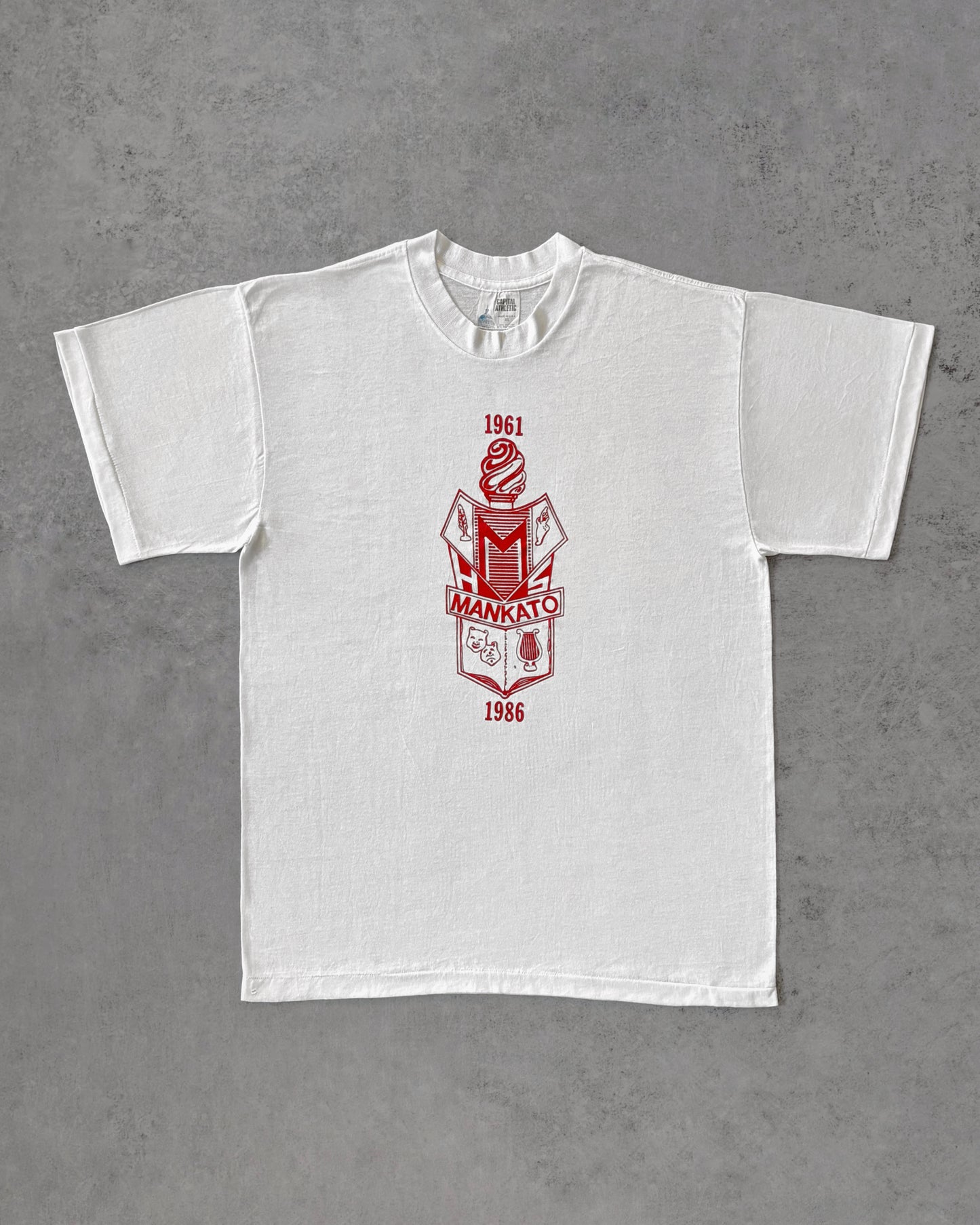 Vintage 1986 Mankato High School Crest Tee - Capital Athletic Tag - USA Made