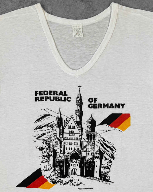Vintage 1970s Federal Republic of Germany Neuschwanstein Castle V-Neck T-Shirt - Made in USA - West Germany Souvenir