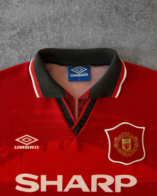 Vintage Manchester United 94/95 Home Jersey – Umbro – Sharp Sponsor – Old Trafford Graphic – XL
