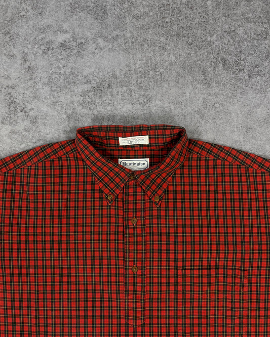 Vintage 1990s Huntington Red Tartan Check Short Sleeve Button Down Shirt - Made in USA