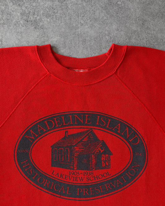 Vintage 1980s Madeline Island Lakeview School Sweatshirt – Made in USA – Red Raglan Crewneck