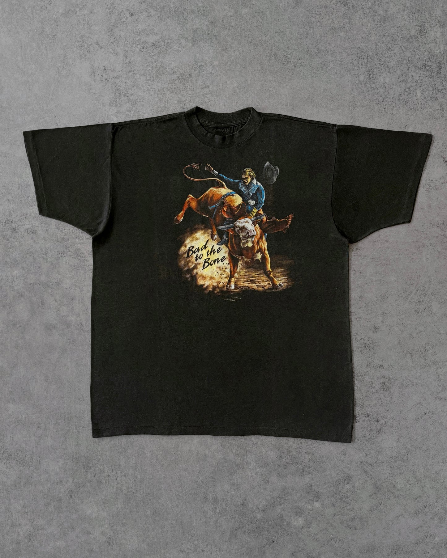 Vintage 1988 “Bad to the Bone” Cowboy T-Shirt – Trinity Products – Halftone Rodeo Print