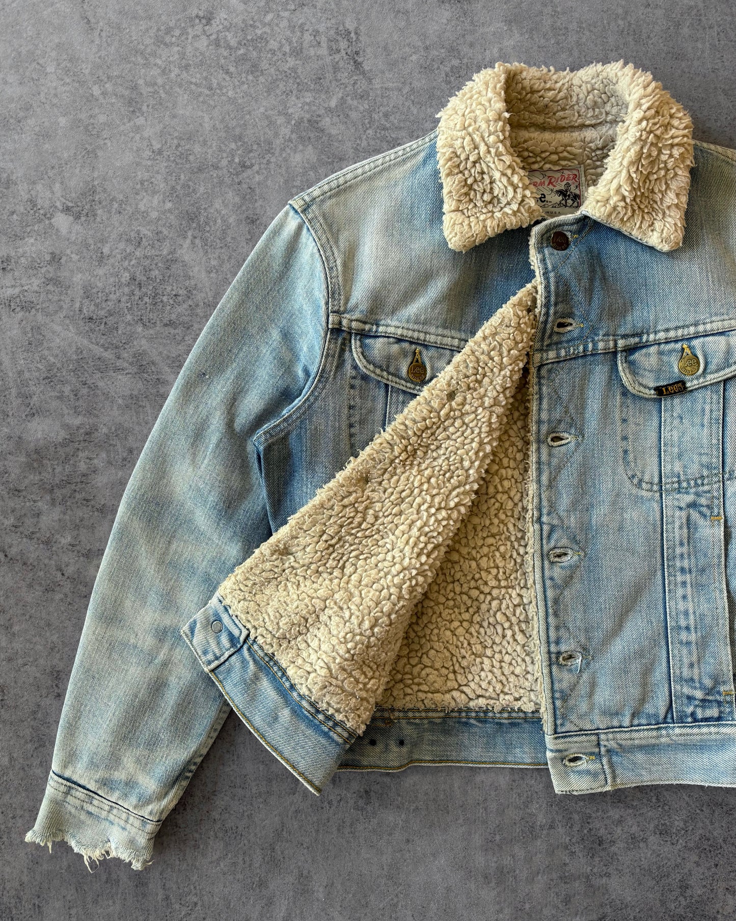 Vintage 1970s Lee Storm Rider Sherpa Denim Jacket – Made in USA – Faded Light Wash