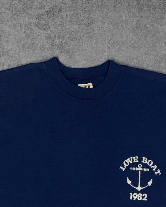 Love Boat 1982 anchor screen print graphic detail on navy t-shirt