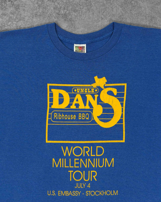 Vintage Early 2000s Uncle Dan’s Ribhouse BBQ World Millennium Tour T-Shirt - USA Embassy Stockholm - Fruit of the Loom