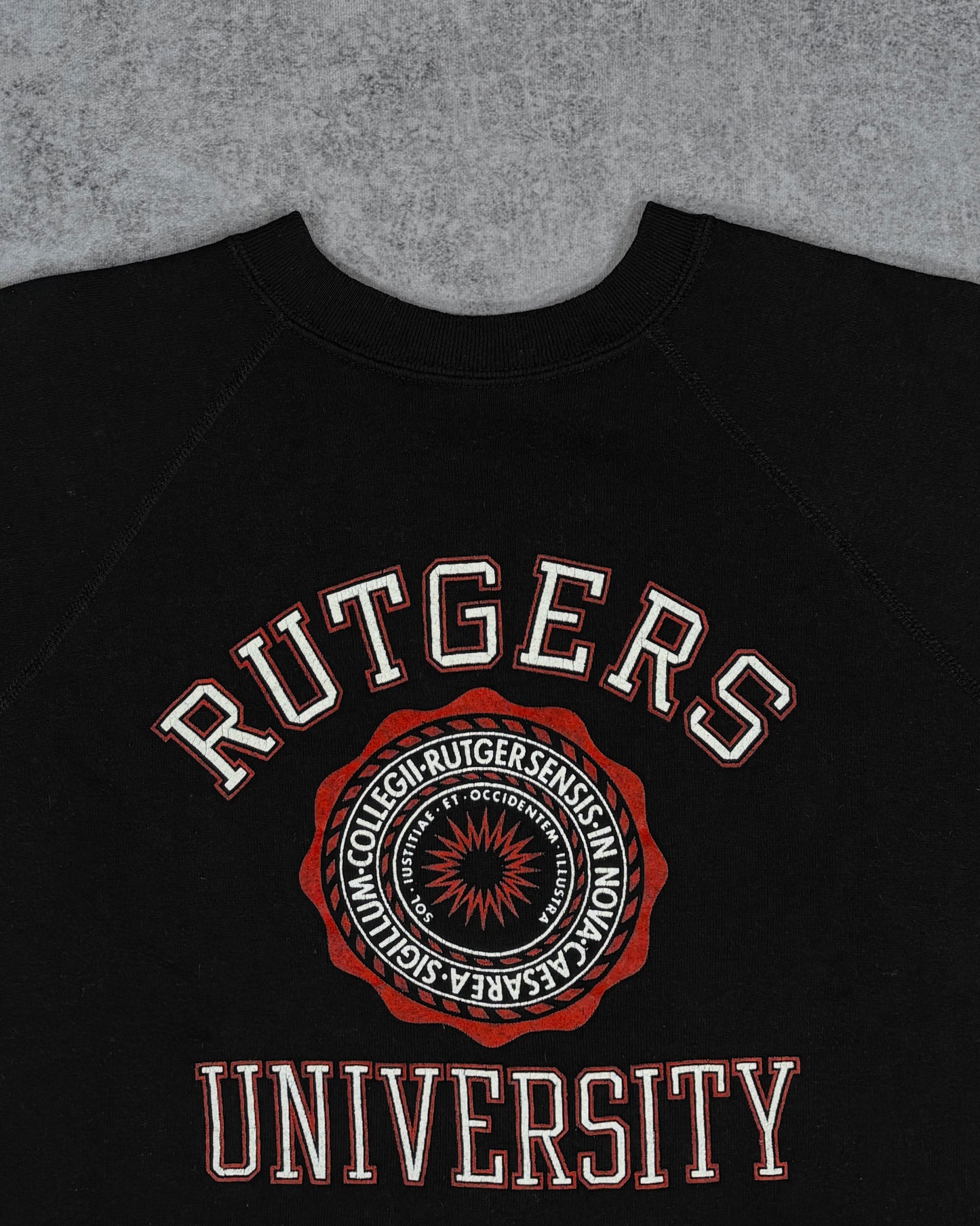 Vintage 1980s Rutgers University Flocked Logo Crewneck Sweatshirt – Made in USA – Black Raglan College Spellout