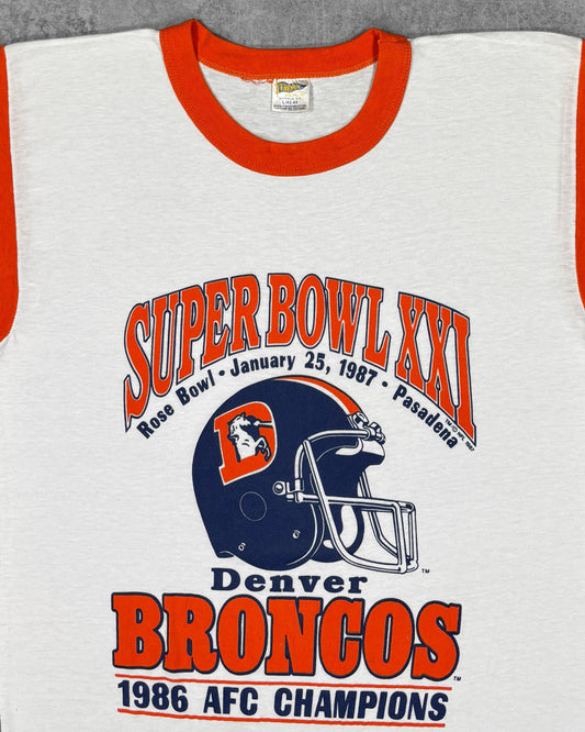 Vintage 1987 Denver Broncos Super Bowl XXI T-shirt – multicolor helmet and orange lettering print detail