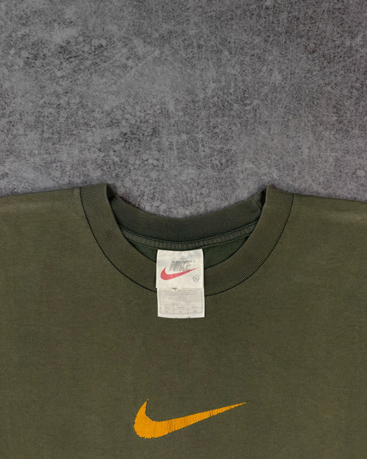 Vintage 1990s Nike Sunfaded Mini Swoosh T-Shirt - Olive Green Logo Tee