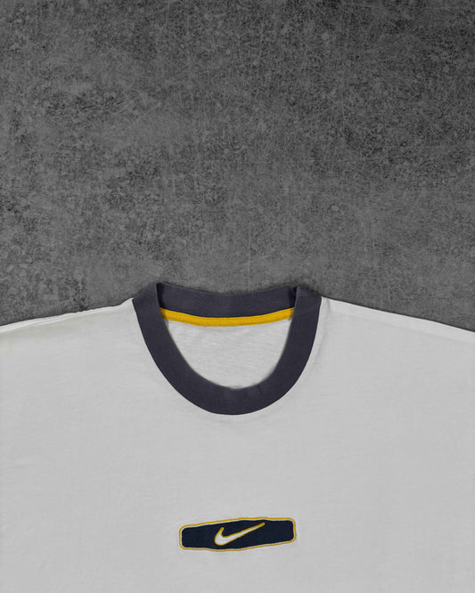 Vintage Late 90s Nike Ringer T-Shirt – Embroidered Swoosh Logo White Navy Yellow