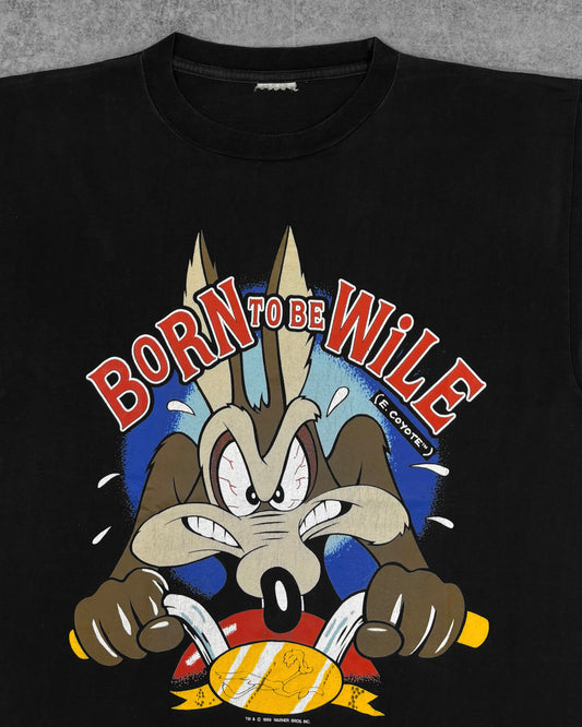 Close-up of Wile E. Coyote motorcycle graphic and Born to Be Wile print