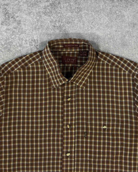 Vintage 1990s Levi’s Action Shirt Brown Plaid Button Down – Made in USA - Cropped Shirt