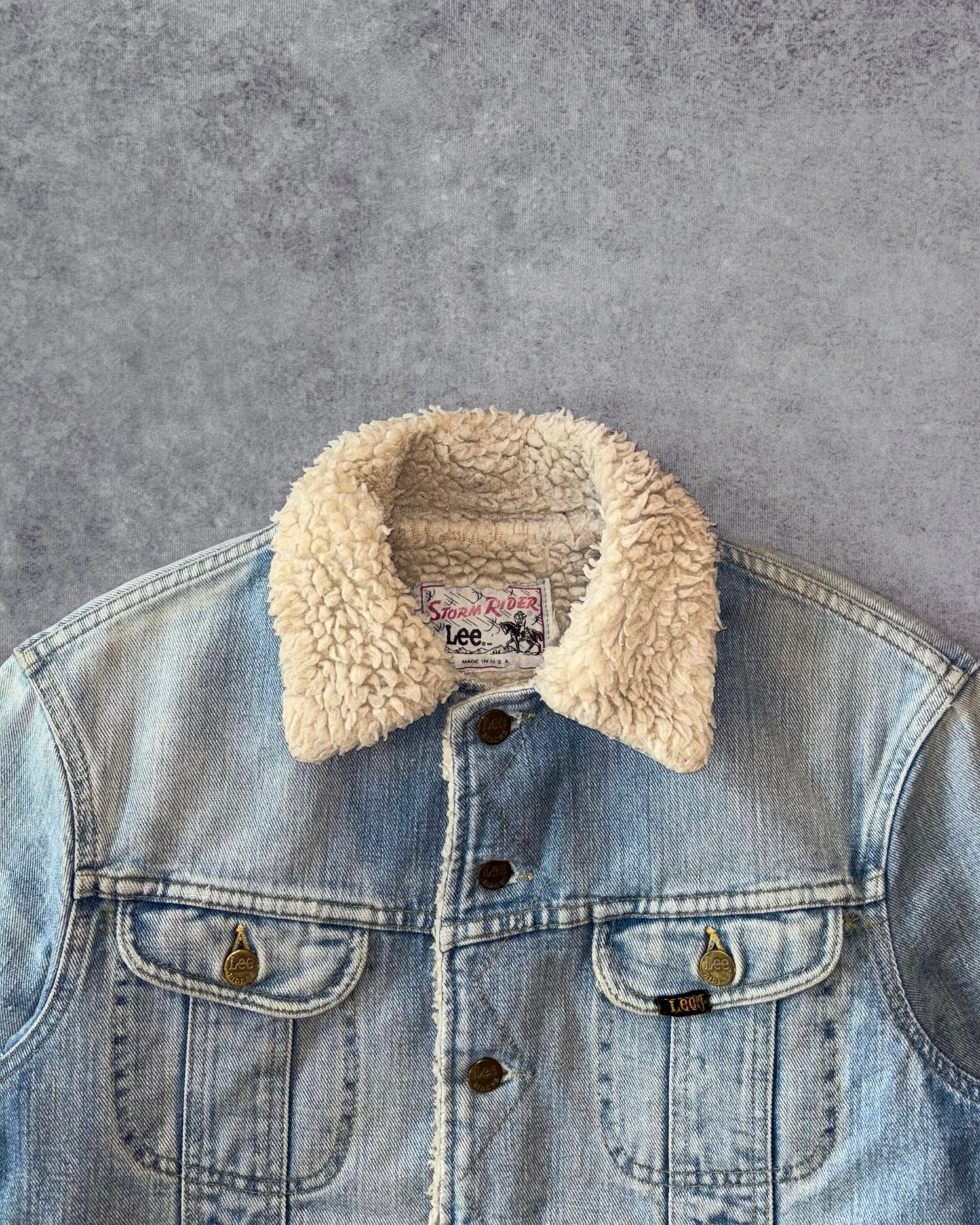 Vintage 1970s Lee Storm Rider Sherpa Denim Jacket – Made in USA – Faded Light Wash