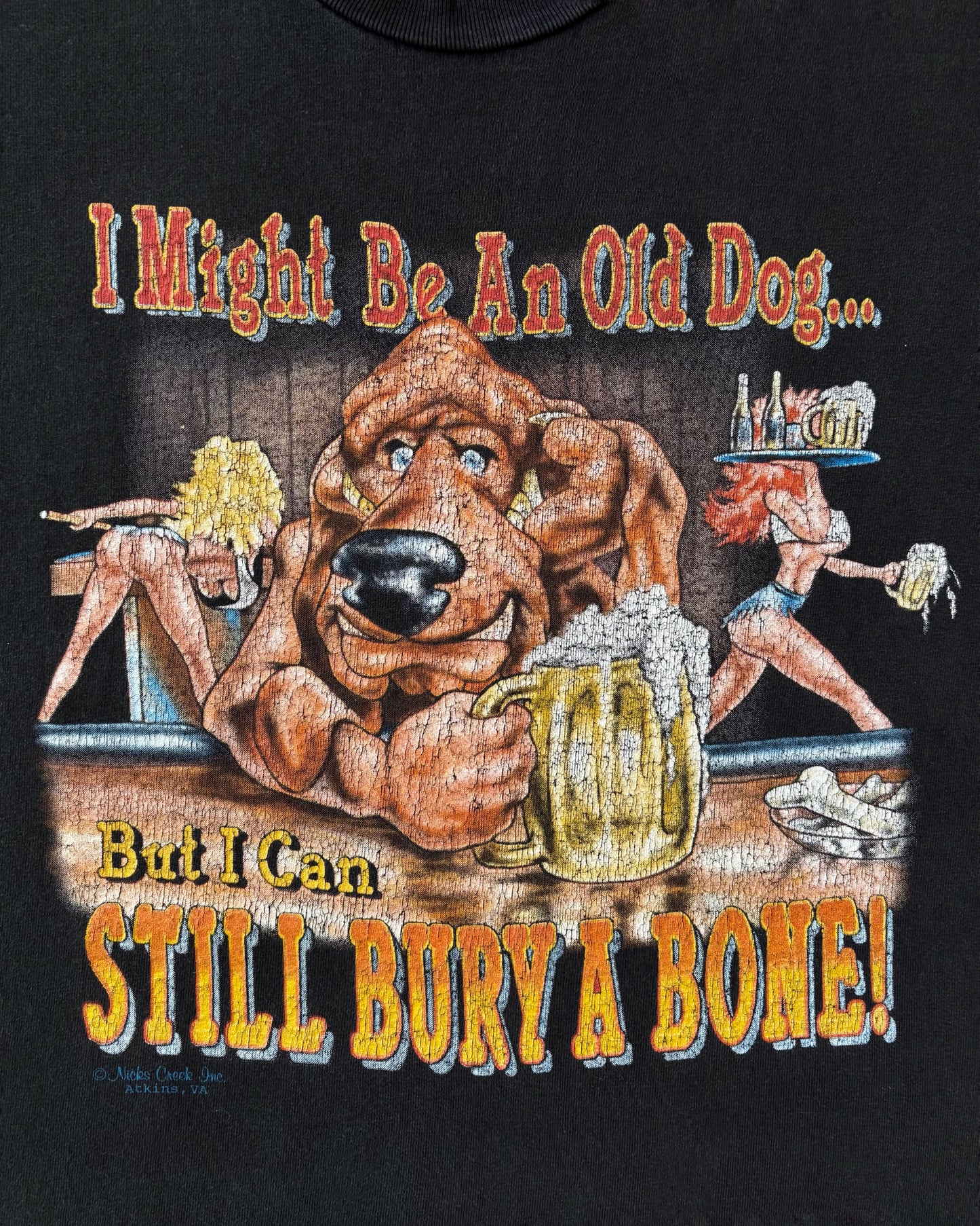 Vintage 1990s “Old Dog Still Bury a Bone” Tee – Funny Graphic – Adult Humor – USA Made