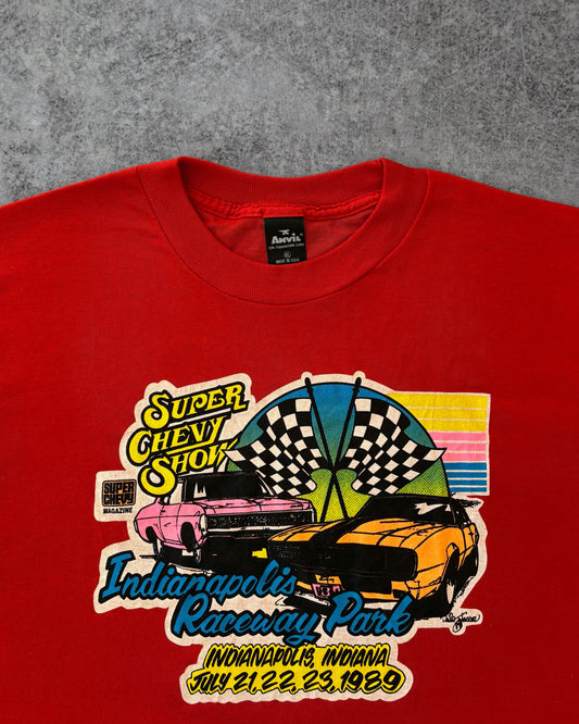 Vintage 1989 Super Chevy Show Tee – Indianapolis Raceway – Double-Sided Drag Racing – USA Made