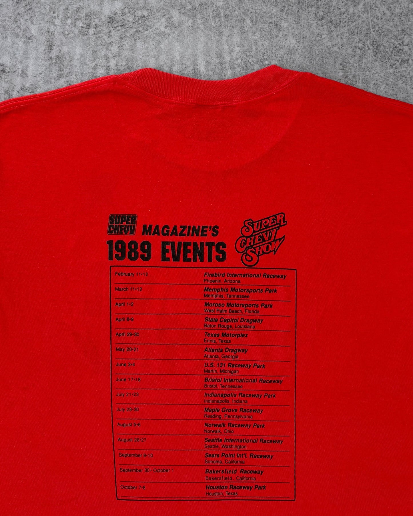 Vintage 1989 Super Chevy Show Tee – Indianapolis Raceway – Double-Sided Drag Racing – USA Made