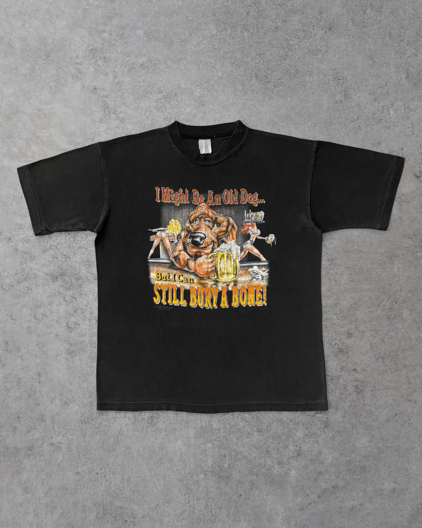 Vintage 1990s “Old Dog Still Bury a Bone” Tee – Funny Graphic – Adult Humor – USA Made