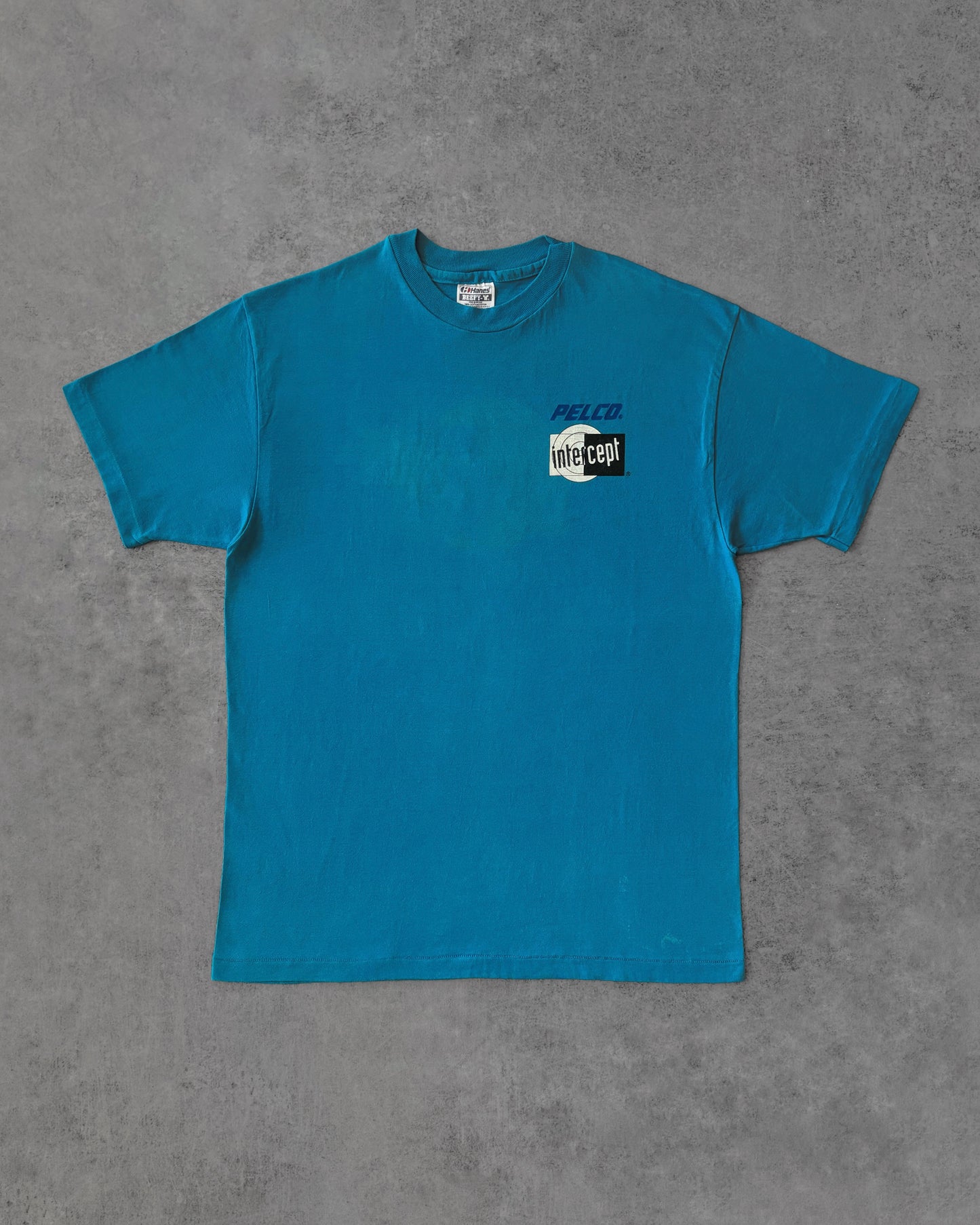 Vintage 1990s Pelco Intercept “Right on the Mark” Tee – Industrial Tech – Teal Single Stitch