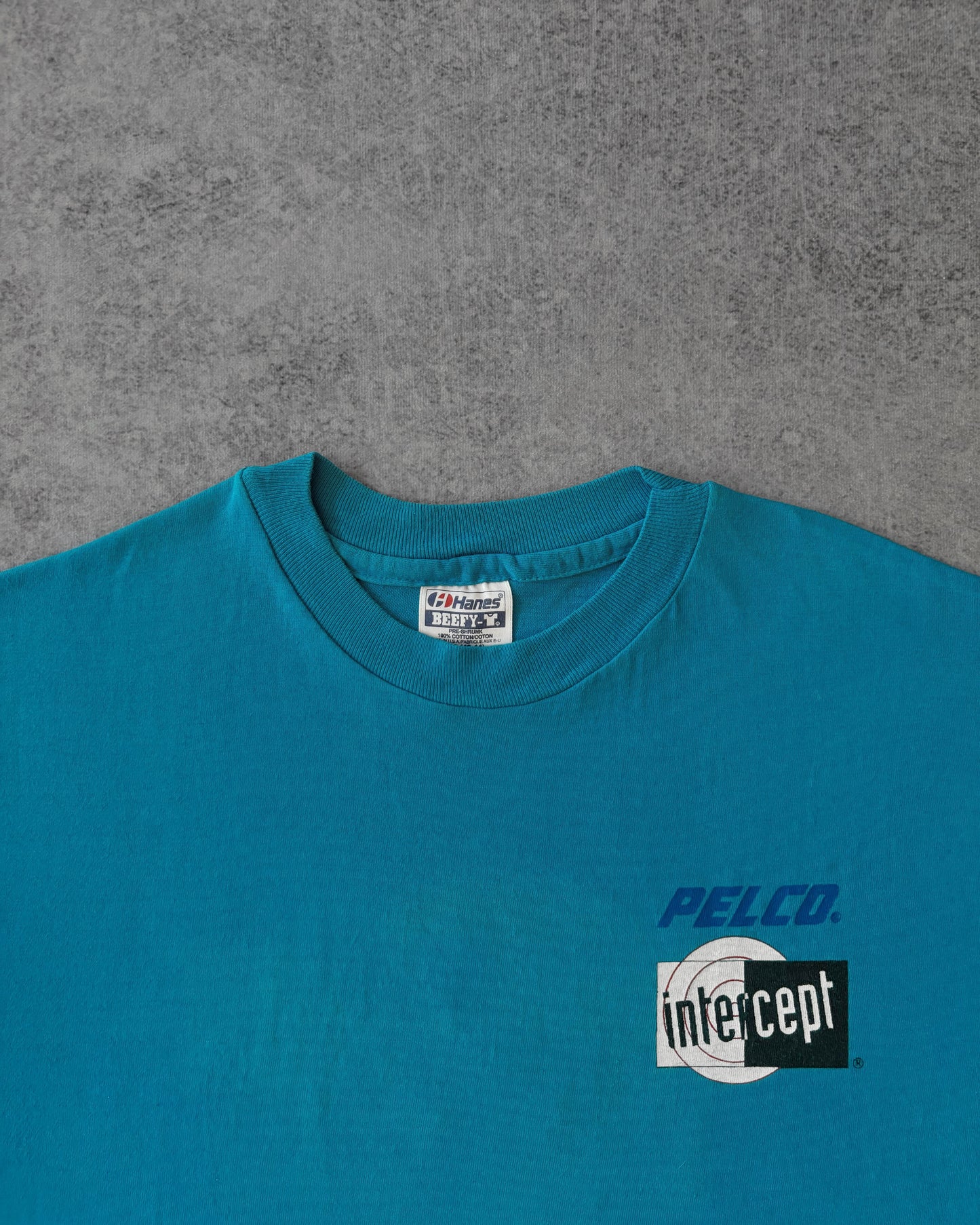 Vintage 1990s Pelco Intercept “Right on the Mark” Tee – Industrial Tech – Teal Single Stitch