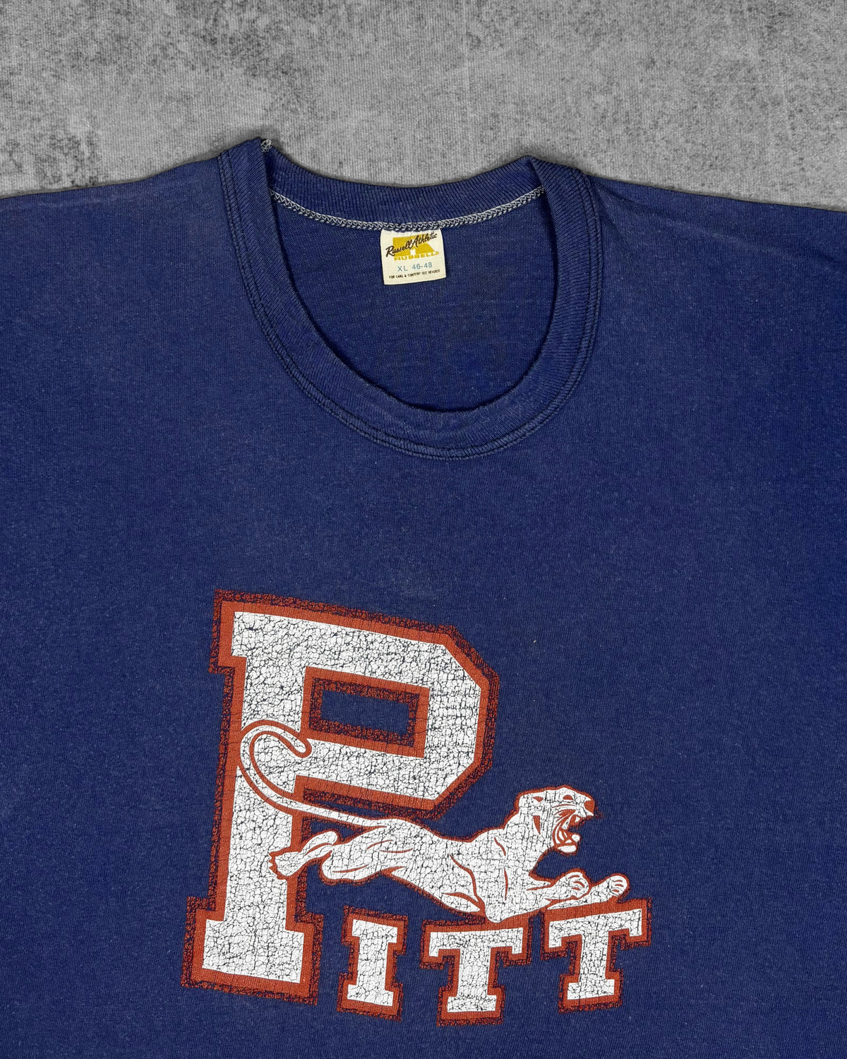 Vintage 1970s Pitt Panthers Russell Athletic t-shirt, Pitt panther P graphic print detail