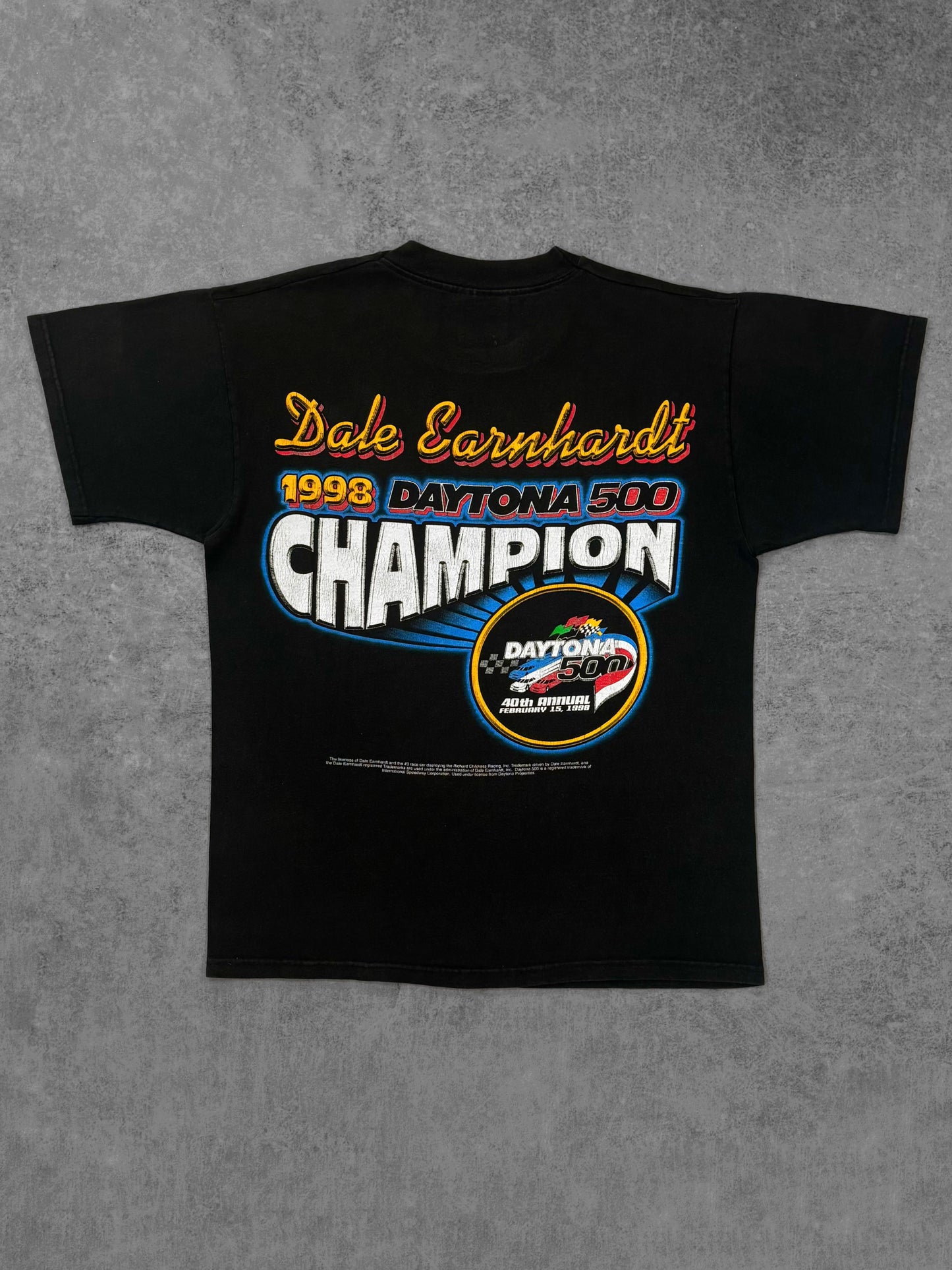 Vintage 1998 Dale Earnhardt Daytona 500 Champion NASCAR Double Sided Racing T-Shirt - Competitors View Black