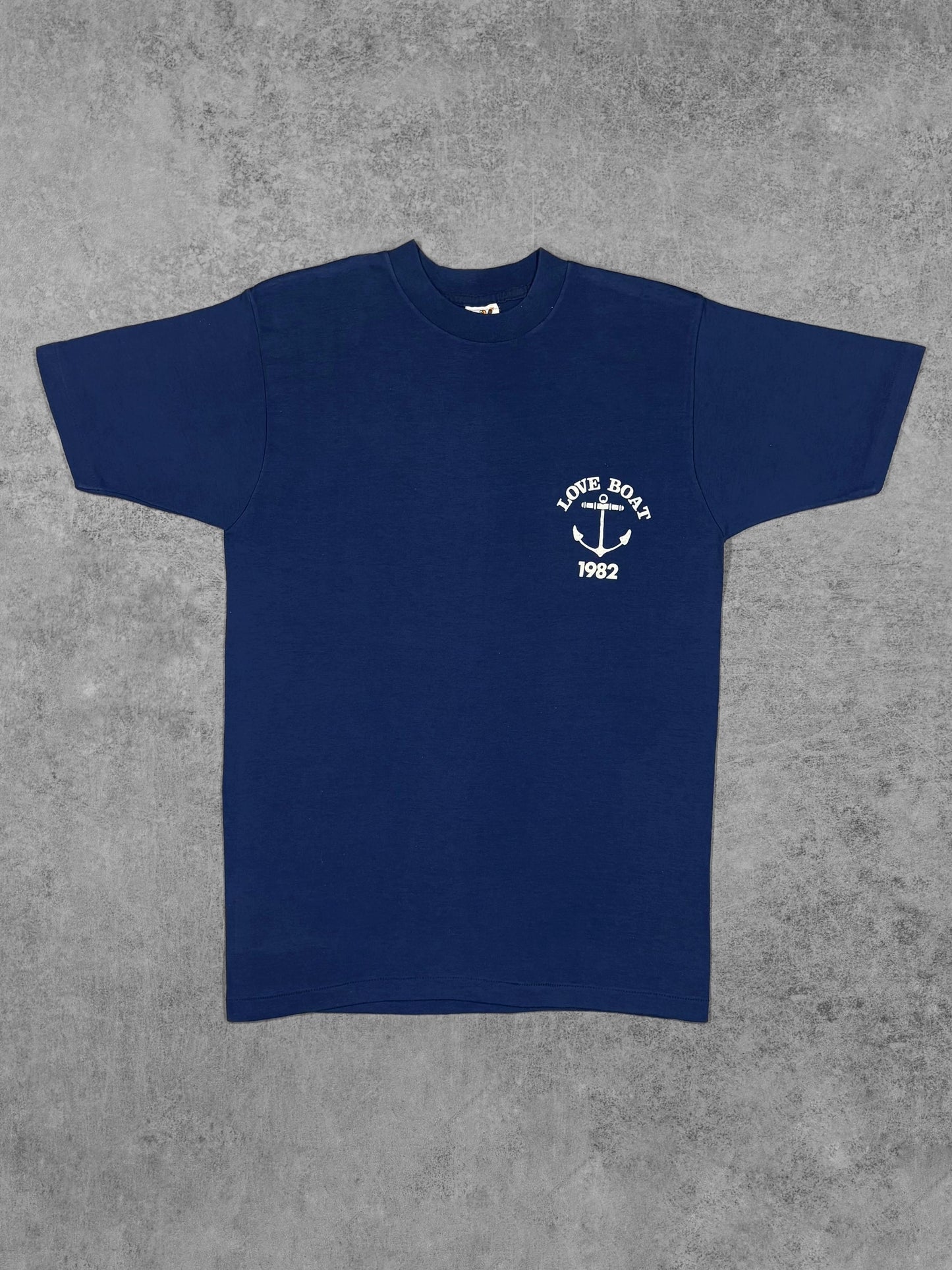 Vintage 1982 Love Boat anchor graphic t-shirt, navy blue, front view