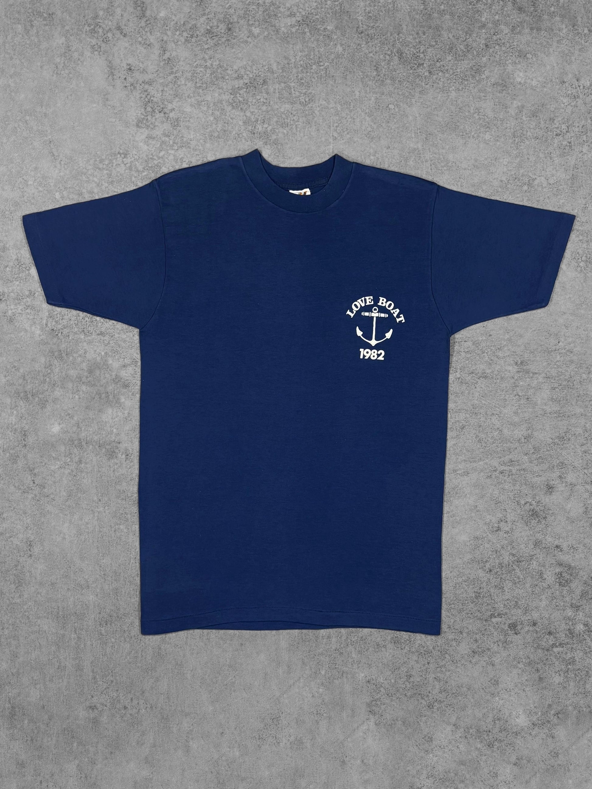 Vintage 1982 Love Boat anchor graphic t-shirt, navy blue, front view