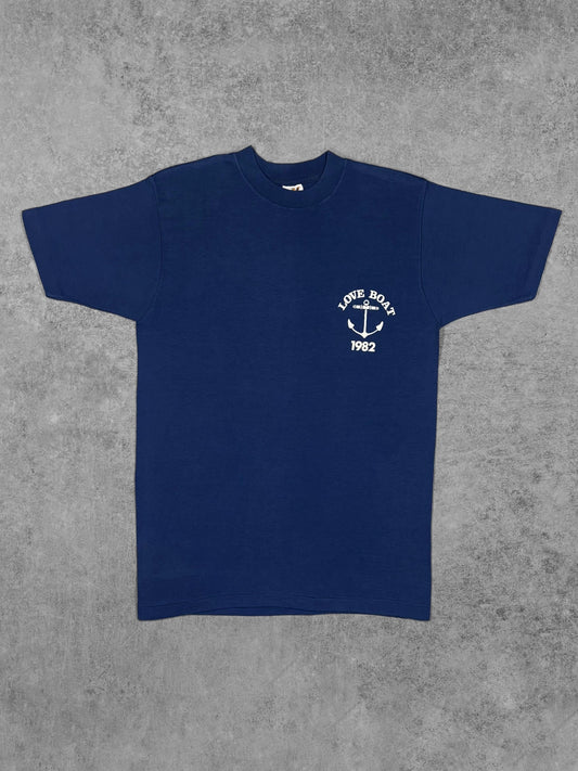 Vintage 1982 Love Boat anchor graphic t-shirt, navy blue, front view