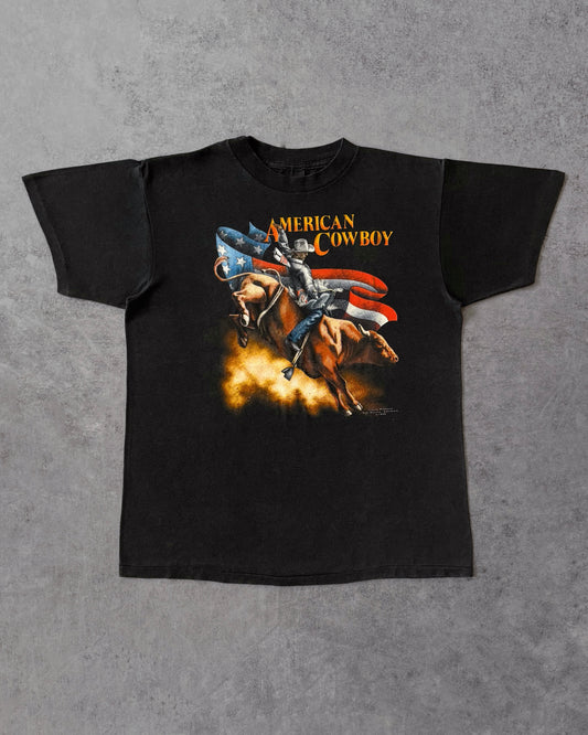 Vintage 1989 American Cowboy T-Shirt – 3D Emblem – Made in USA – Halftone Western Graphic