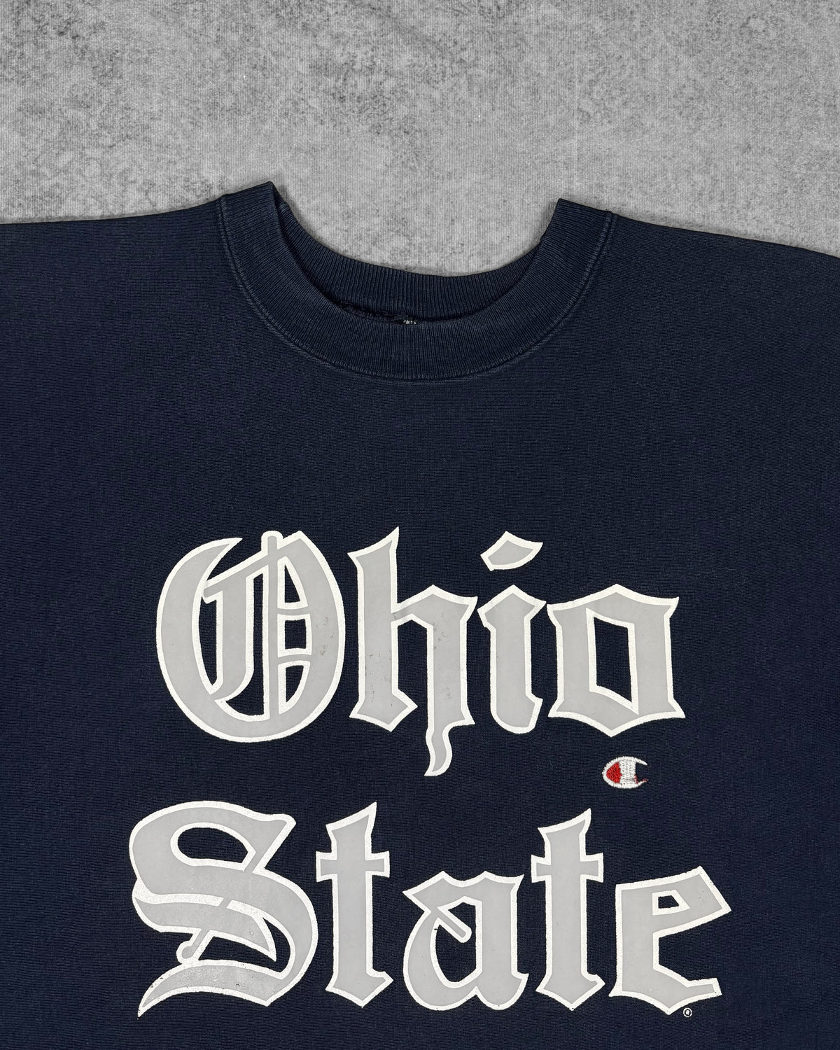 Vintage 1990s Ohio State Champion Reverse Weave crewneck, Old English Ohio State spellout print detail