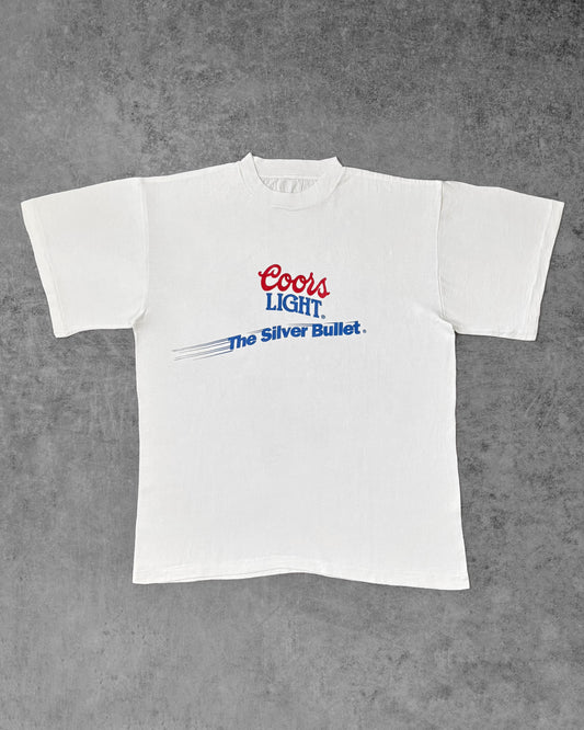 Vintage 1980s Coors Light “The Silver Bullet” Graphic T-Shirt – White Single Stitch Beer Promo Tee