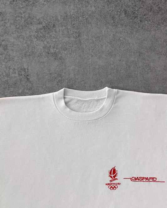 Vintage 1992 Albertville Winter Olympics Crewneck – Gaspard Logo Embroidery – White Sweatshirt