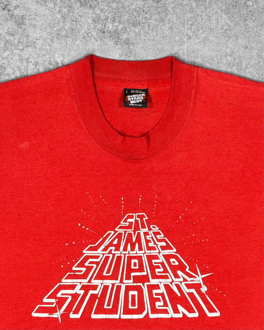 Vintage 1980s St. James Super Student Screen Stars Best t-shirt, perspective spellout screen print detail