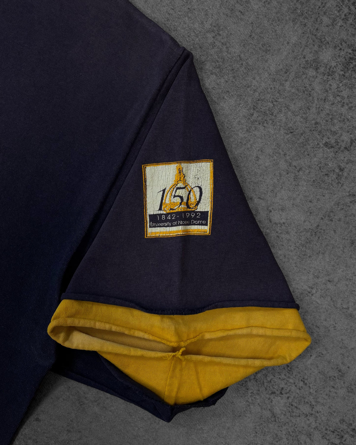 Vintage 1992 Notre Dame T-shirt – 150th anniversary sleeve print and double layer sleeve detail