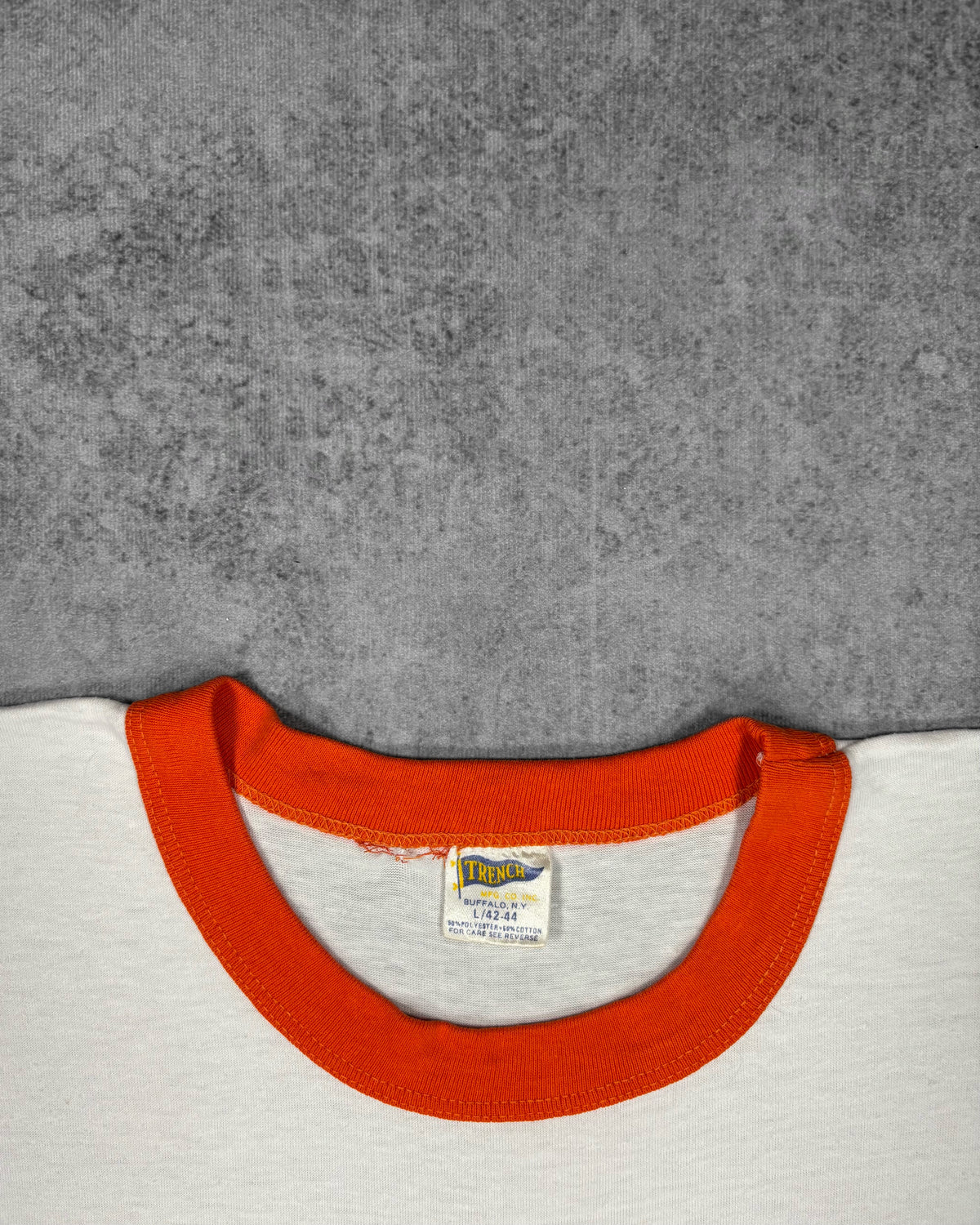 Vintage 1987 Trench MFG Co. 50/50 label detail – Denver Broncos Super Bowl XXI T-shirt