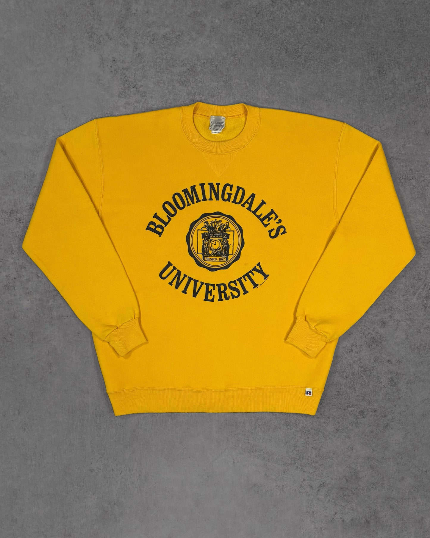 Vintage 1990s Bloomingdale’s University Crewneck Sweatshirt – Russell Athletic Made in USA – Yellow College Print