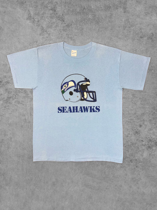 Vintage 1980s Seattle Seahawks NFL helmet graphic T-shirt, RP Sportswear Made in USA single stitch – front view