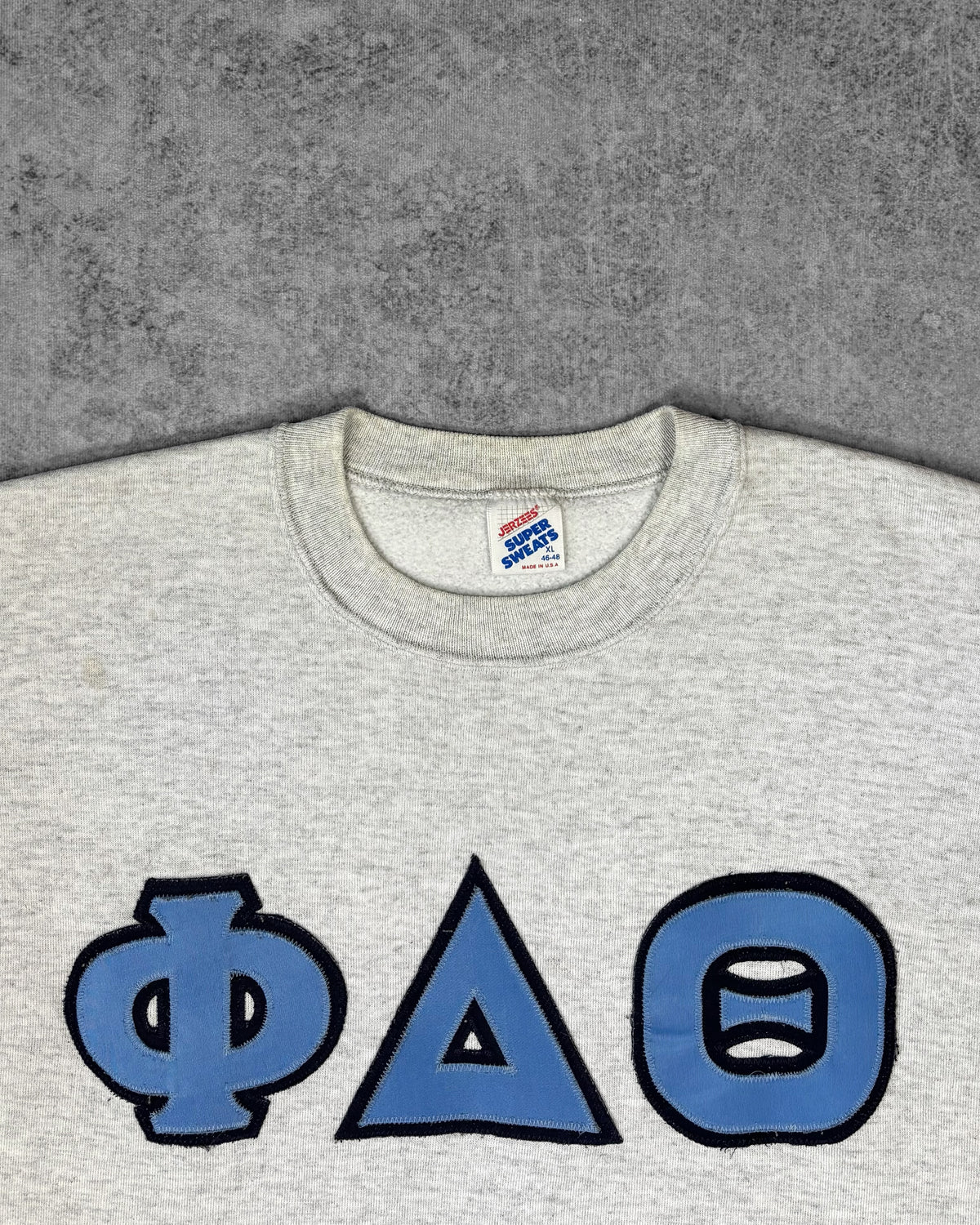 Vintage early 1990s Phi Delta Theta Jerzees Super Sweats crewneck, stitched twill Greek letters detail