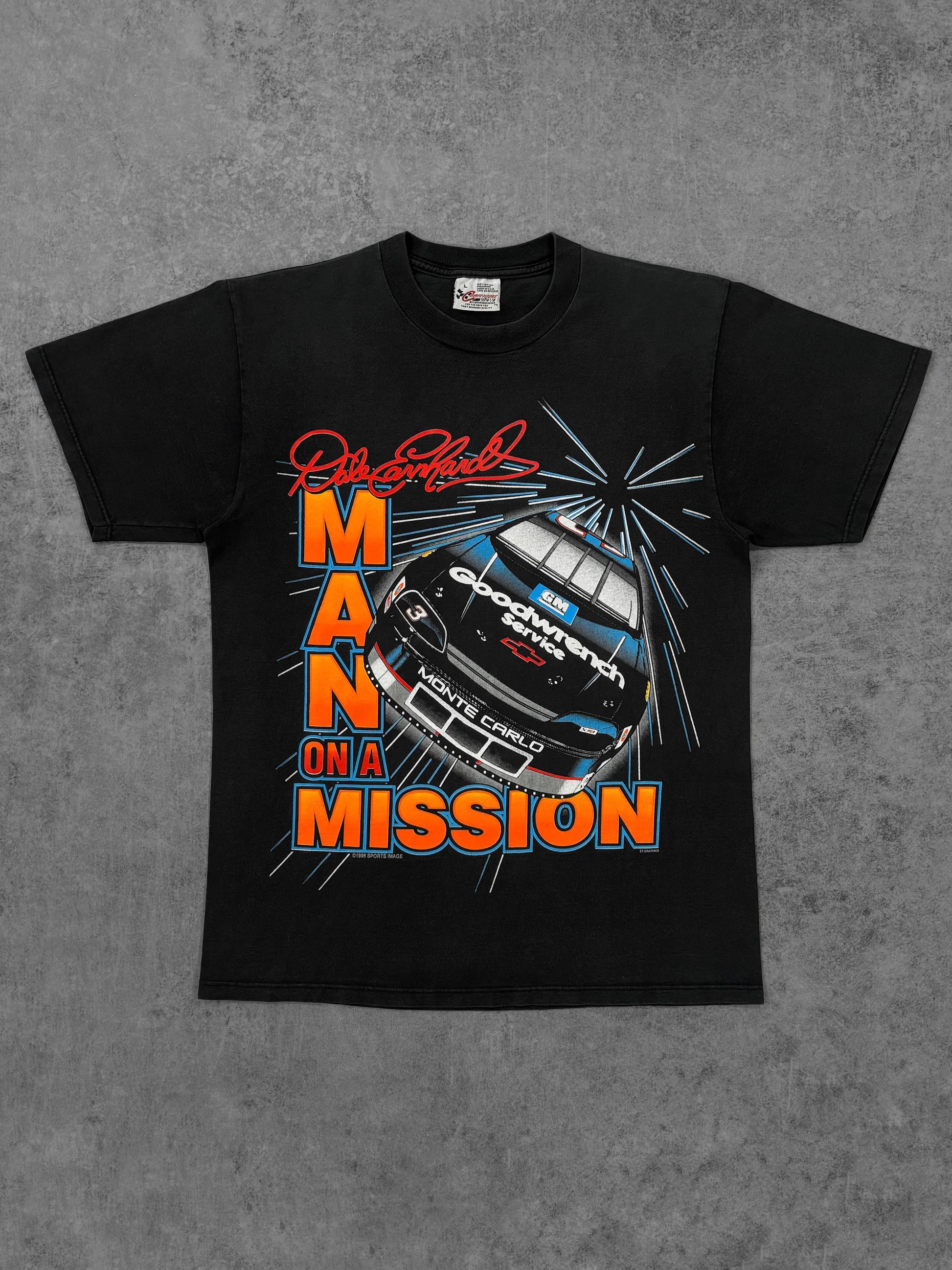 Vintage 1996 Dale Earnhardt Sr Man On A Mission NASCAR t-shirt front view