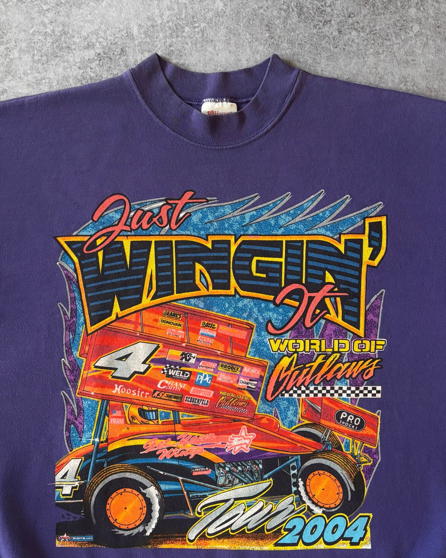Vintage 2004 World of Outlaws “Just Wingin’ It” Crewneck – Sprint Car – Purple